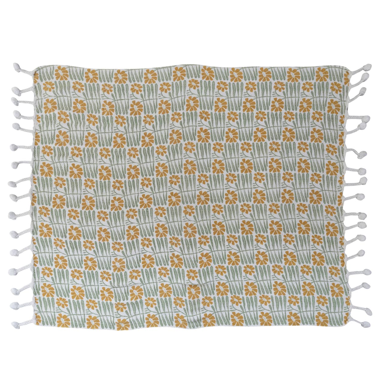 Hello Honey® Woven Recycled Cotton Blend Printed Throw with Flowers and Braided Pom Pom Tassels, Sage and Mustard
